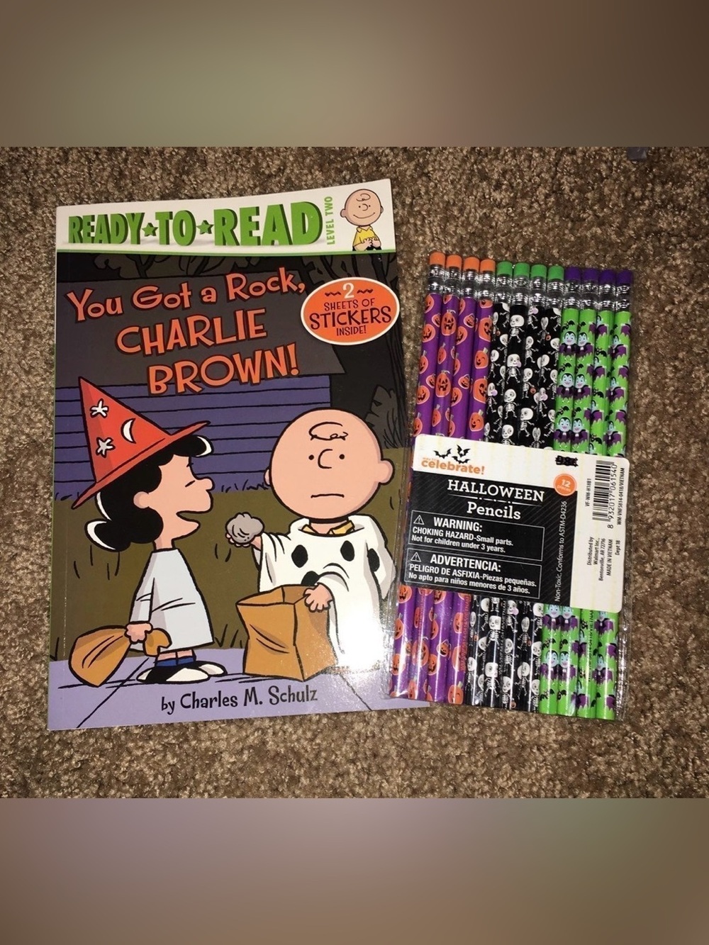 Ready to Read Level 2 You got a Rock Charlie Brown Halloween story Book Pencils